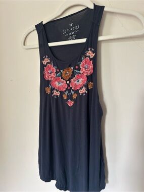 American Eagle Outfitters Navy Tank with Pink & Brown Floral Embroidery